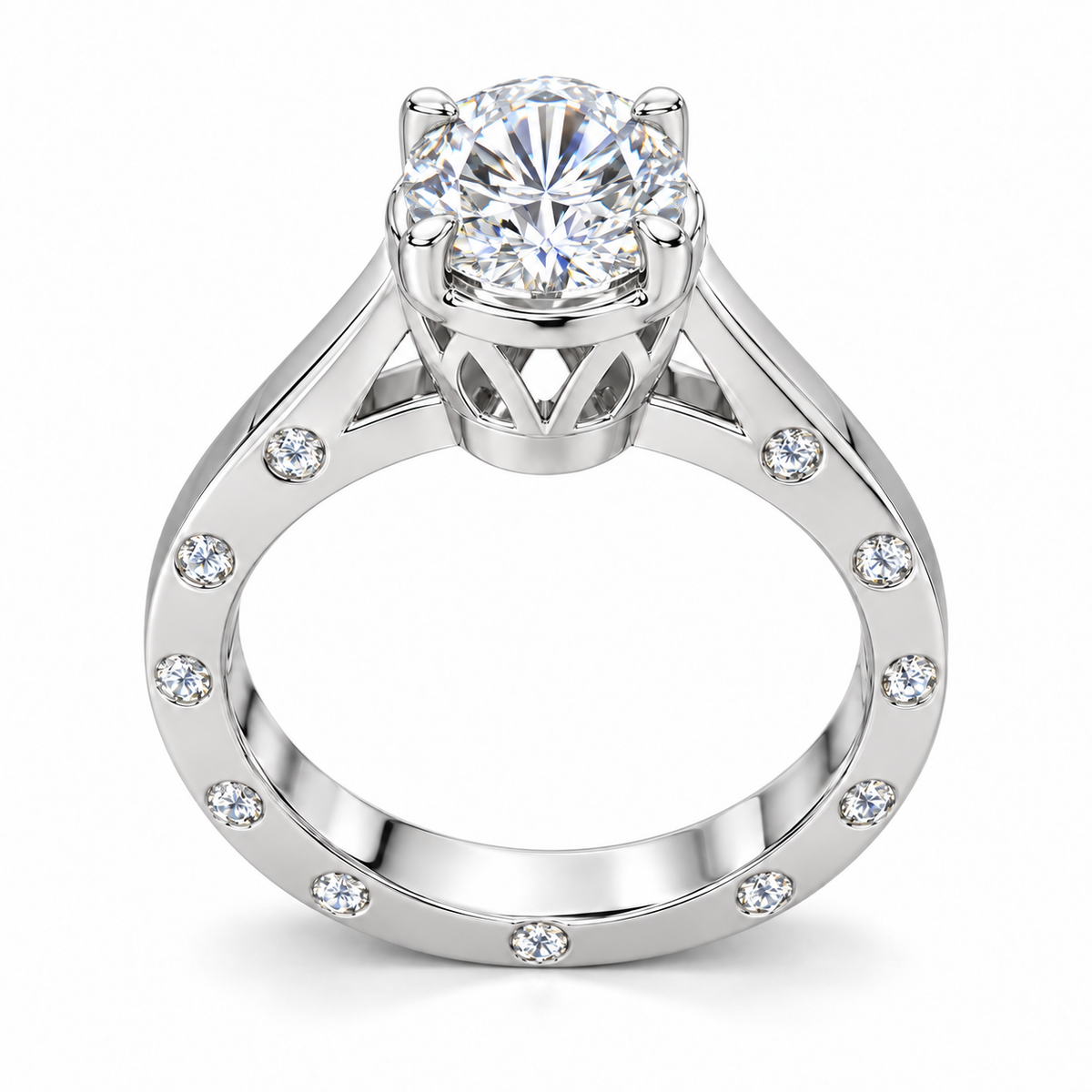 Round-Cut Synthetic Diamond Solitaire Ring with Diamond-Set Band in Sterling Silver