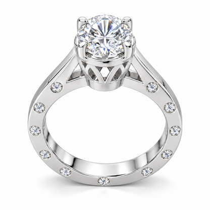 Round-Cut Synthetic Diamond Solitaire Ring with Diamond-Set Band in Sterling Silver