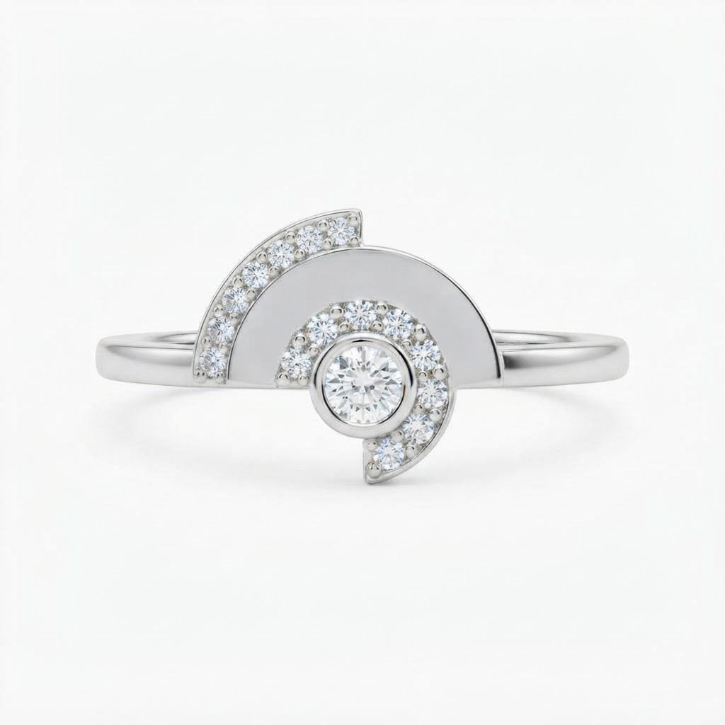 Modern Asymmetrical Half-Moon Diamond Statement Ring in Polished Sterling Silver