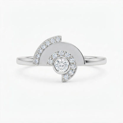 Modern Asymmetrical Half-Moon Diamond Statement Ring in Polished Sterling Silver