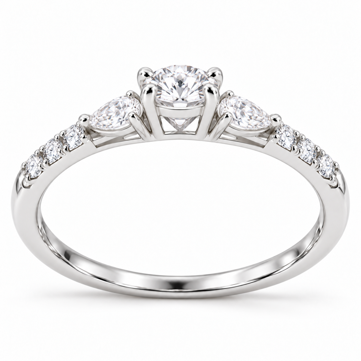 Round &amp; Pear-Cut Synthetic Diamond Three-Stone Ring in Sterling Silver