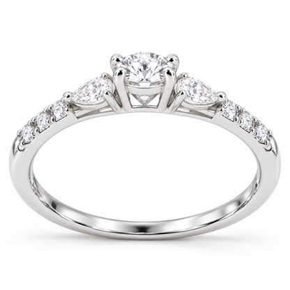Round &amp; Pear-Cut Synthetic Diamond Three-Stone Ring in Sterling Silver