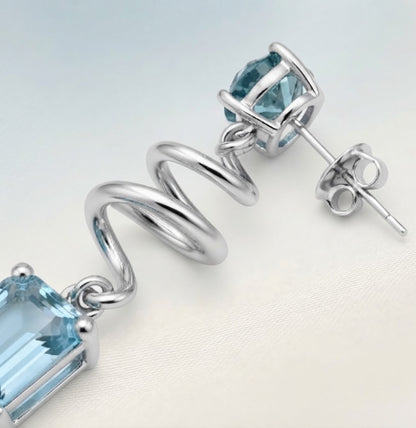Sterling Silver Teal Lab-Grown Diamond &amp; Aquamarine Ribbon Drop Earrings