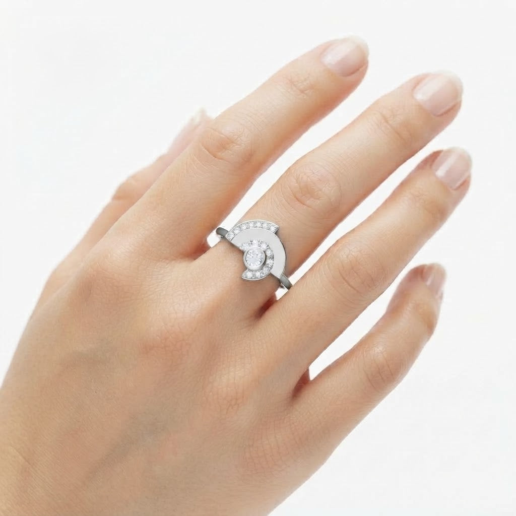Modern Asymmetrical Half-Moon Diamond Statement Ring in Polished Sterling Silver