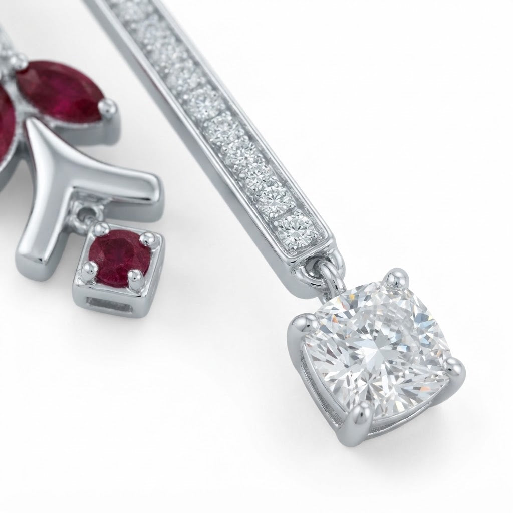 Aria Marquise Ruby and Cushion Diamond Drop Earrings in Sterling Silver