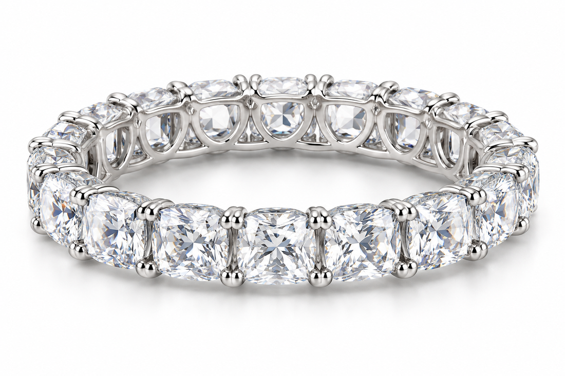 Cushion-Cut Synthetic Diamond Full-Eternity Ring in Sterling Silver