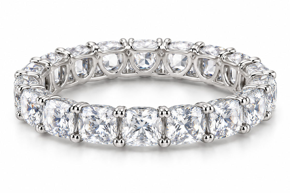 Cushion-Cut Synthetic Diamond Full-Eternity Ring in Sterling Silver