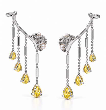 Yellow Diamond, White Diamond &amp; Pearl Silver Ear Climber Earrings