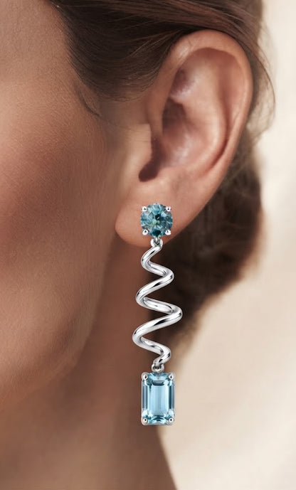 Sterling Silver Teal Lab-Grown Diamond &amp; Aquamarine Ribbon Drop Earrings