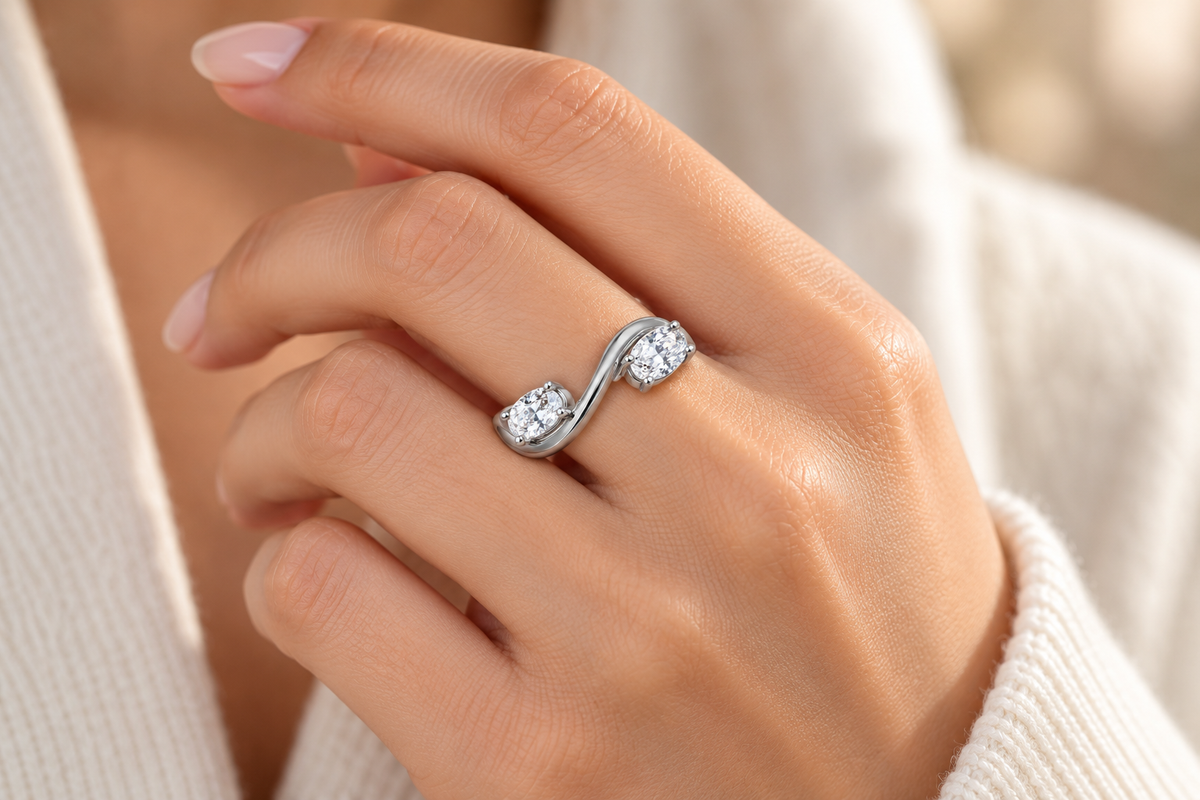 Two Oval-Cut Synthetic Diamond Crossover Ring in Sterling Silver