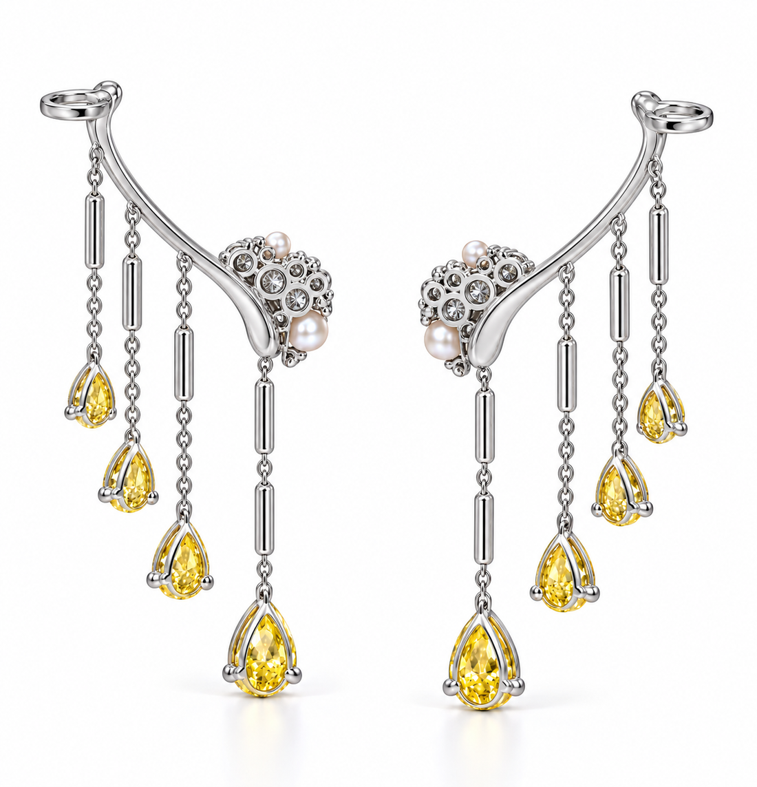 Yellow Diamond, White Diamond &amp; Pearl Silver Ear Climber Earrings