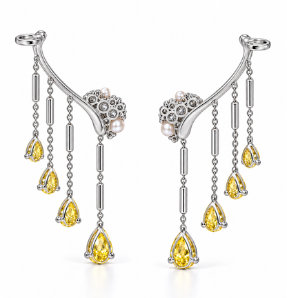 Yellow Diamond, White Diamond &amp; Pearl Silver Ear Climber Earrings