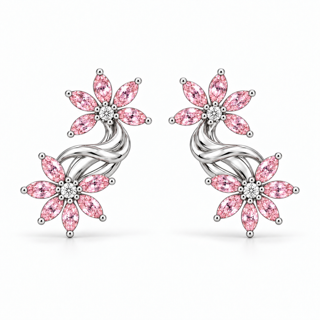 Pink Marquise Diamond Floral Climber Earrings