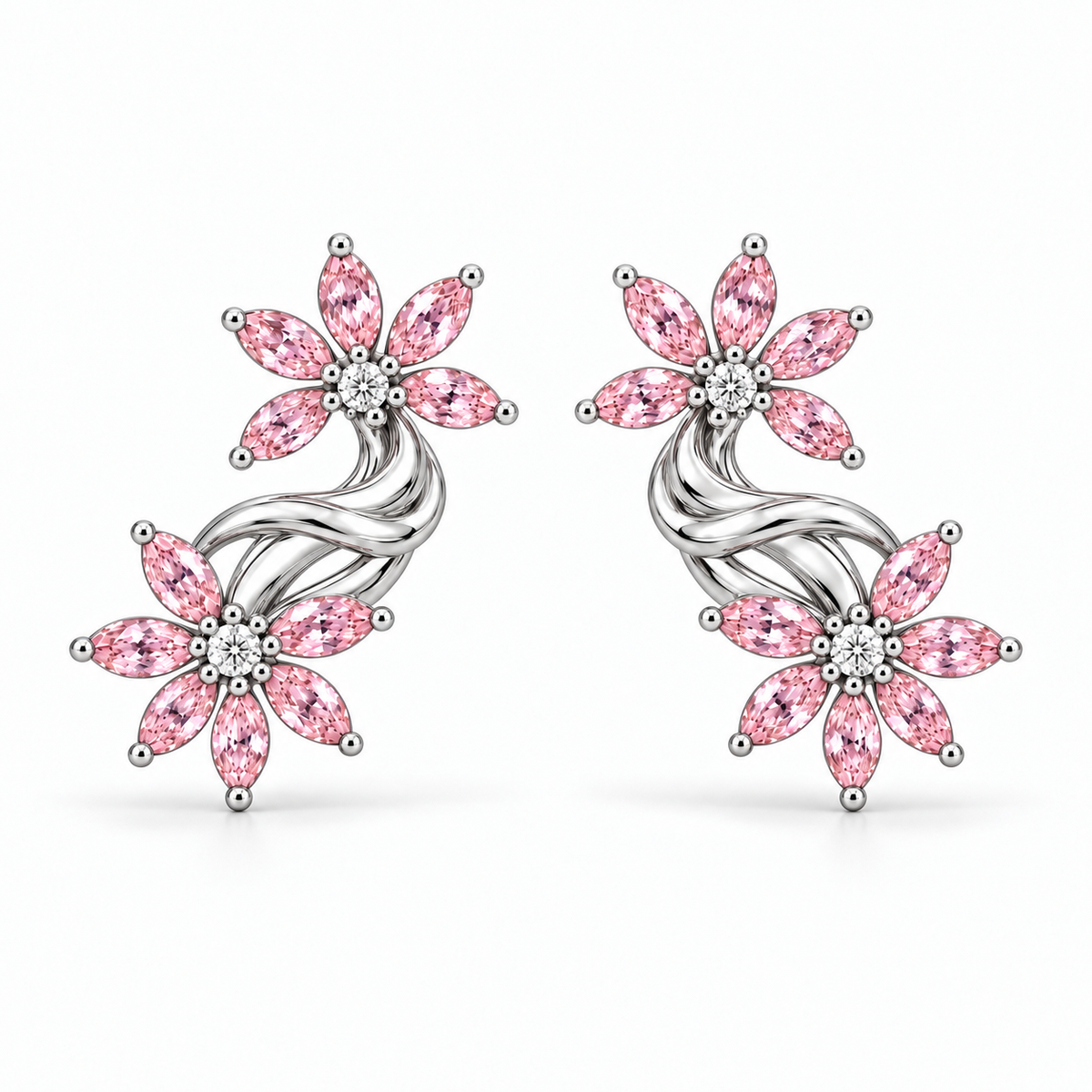 Pink Marquise Diamond Floral Climber Earrings