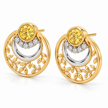 Yellow and White Diamond Botanical Circle Earrings