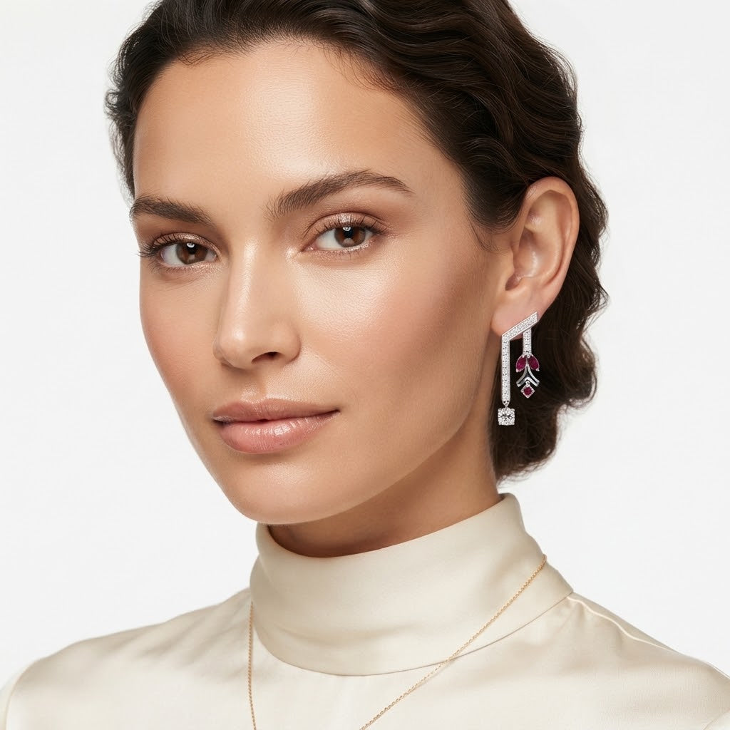 Aria Marquise Ruby and Cushion Diamond Drop Earrings in Sterling Silver