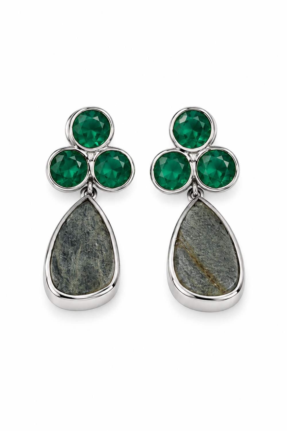 Sterling Silver Drop Earrings Featuring Vibrant Green Gemstones and Natural Stone Dangles