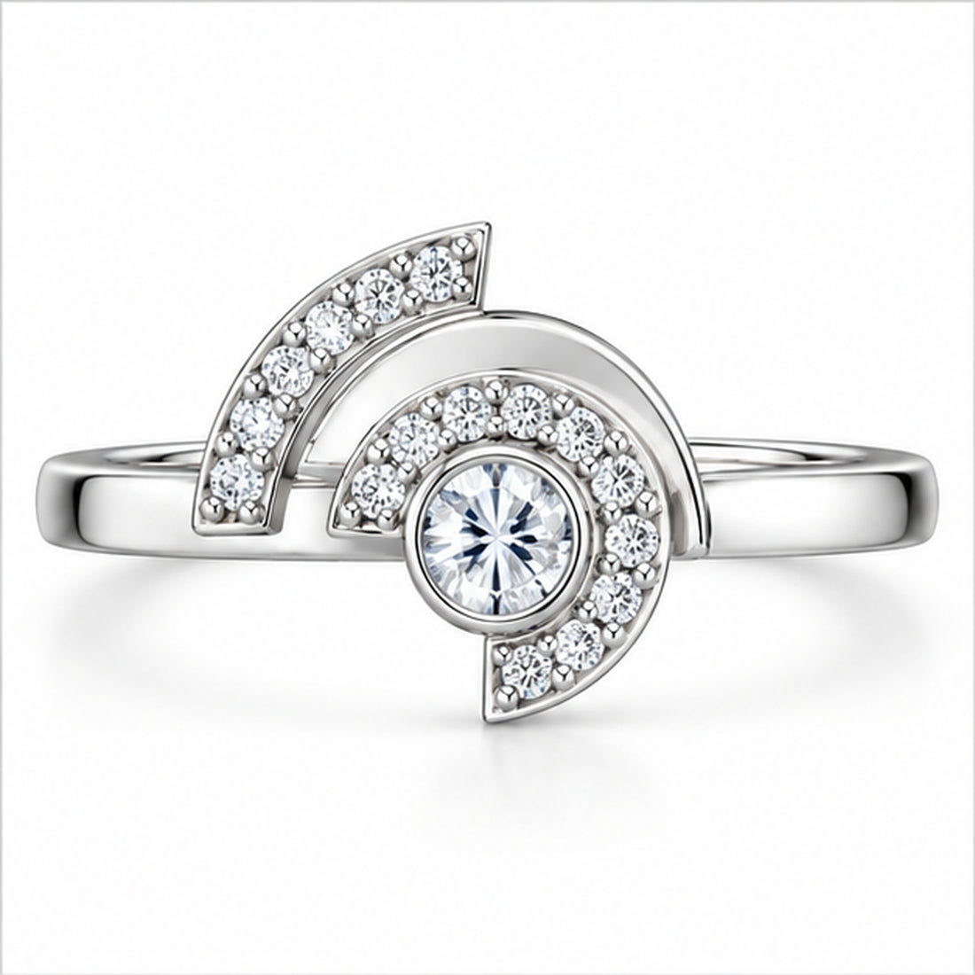 Modern Asymmetrical Half-Moon Diamond Statement Ring in Polished Sterling Silver