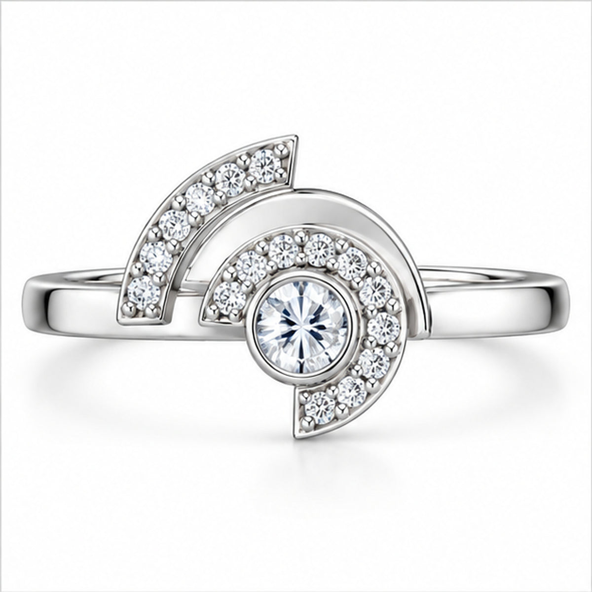 Modern Asymmetrical Half-Moon Diamond Statement Ring in Polished Sterling Silver