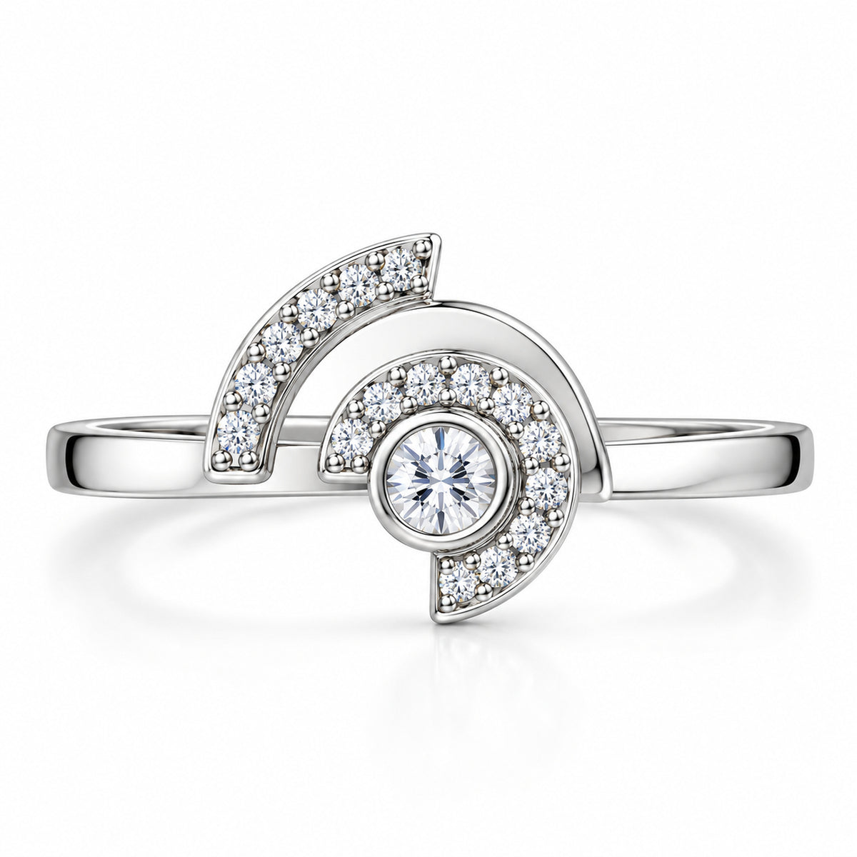 Modern Asymmetrical Half-Moon Diamond Statement Ring in Polished Sterling Silver