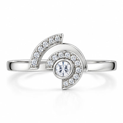 Modern Asymmetrical Half-Moon Diamond Statement Ring in Polished Sterling Silver
