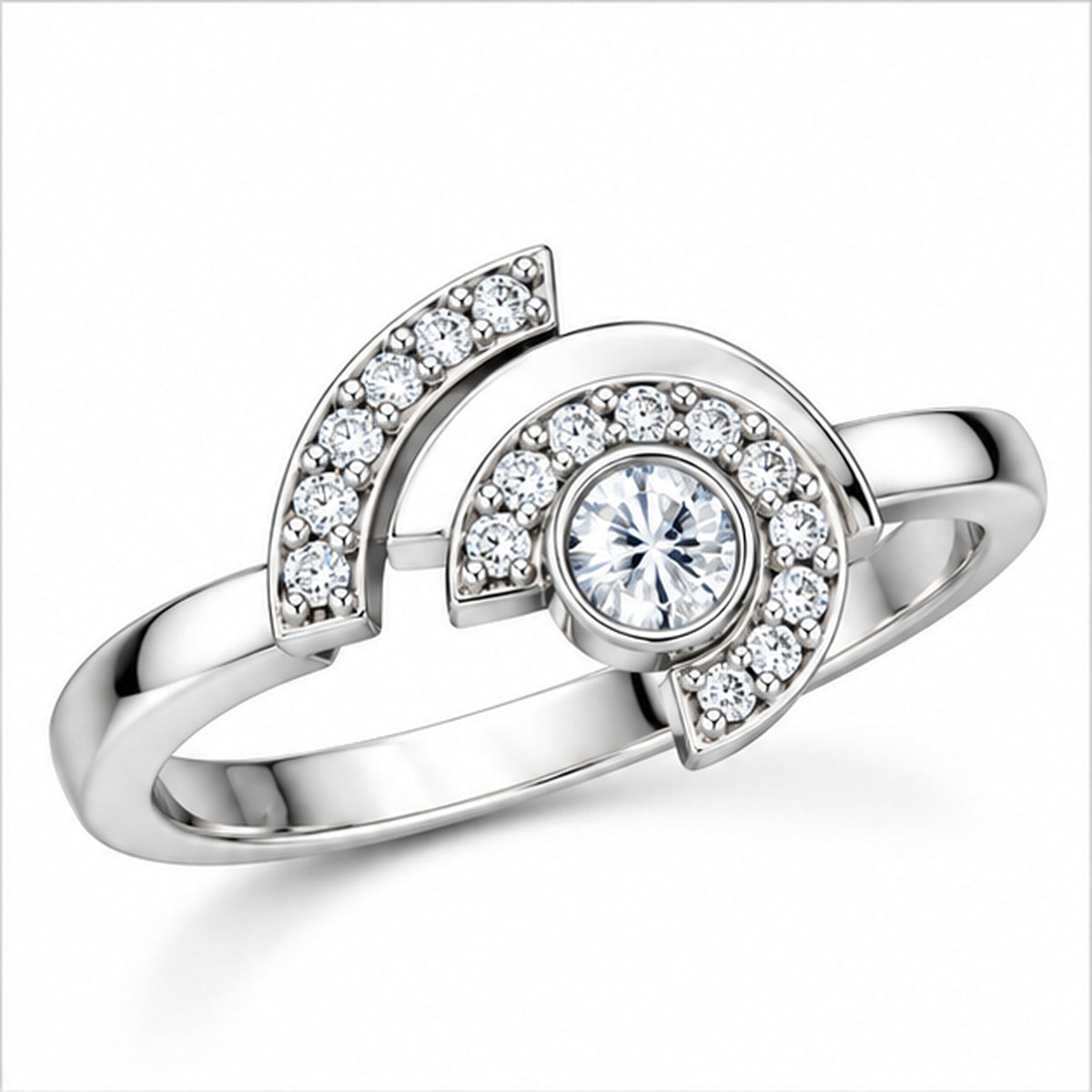 Modern Asymmetrical Half-Moon Diamond Statement Ring in Polished Sterling Silver