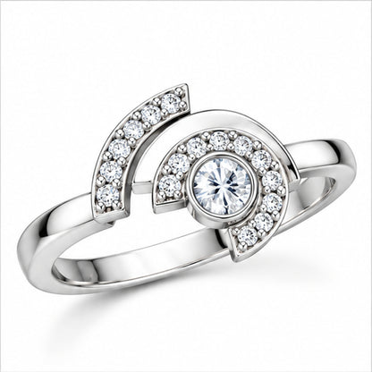 Modern Asymmetrical Half-Moon Diamond Statement Ring in Polished Sterling Silver