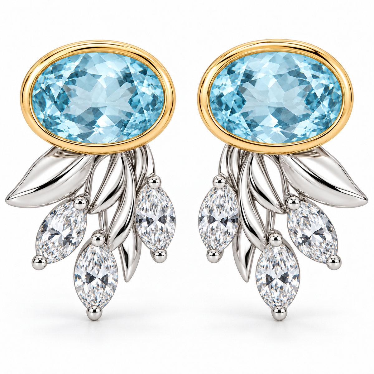 Oval Aquamarine and Marquise Synthetic Diamond Botanical Drop Earrings