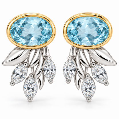 Oval Aquamarine and Marquise Synthetic Diamond Botanical Drop Earrings