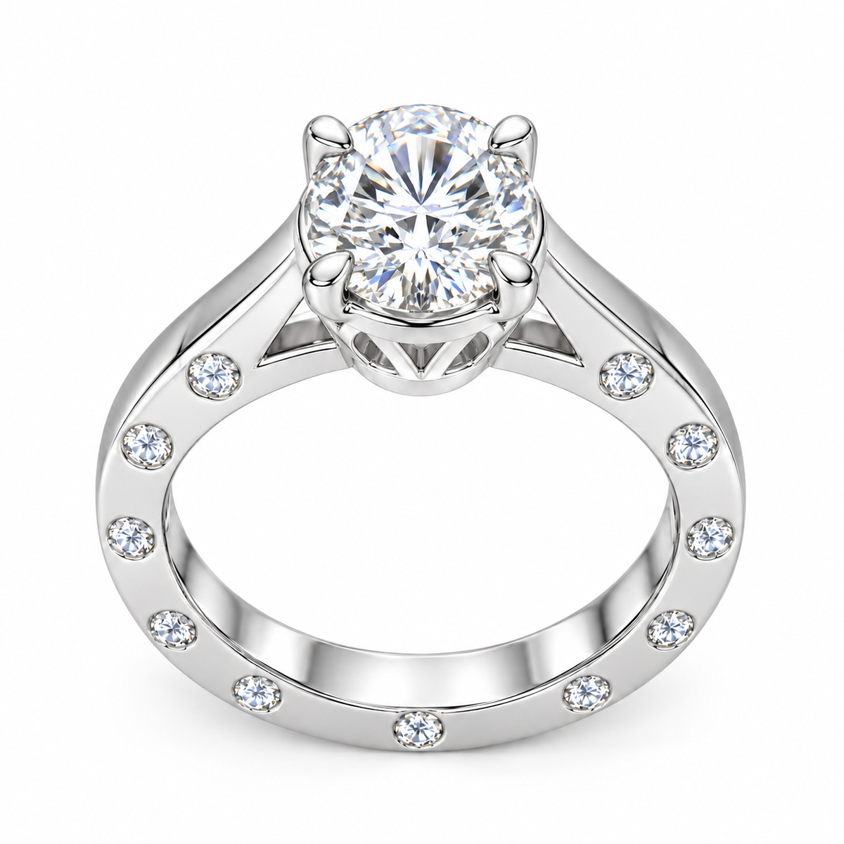 Round-Cut Synthetic Diamond Solitaire Ring with Diamond-Set Band in Sterling Silver