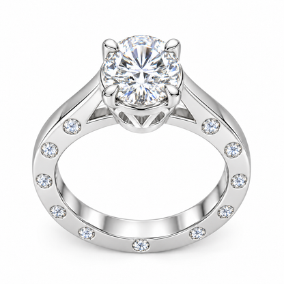 Round-Cut Synthetic Diamond Solitaire Ring with Diamond-Set Band in Sterling Silver