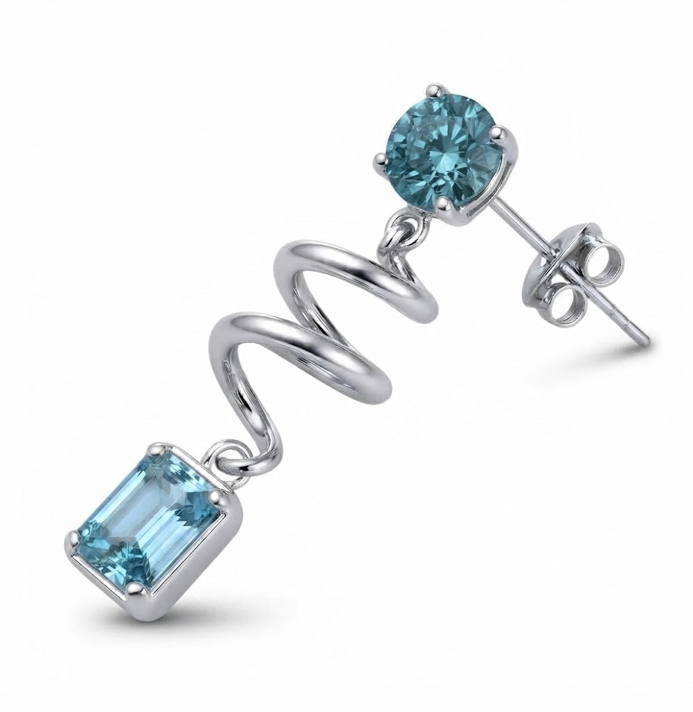 Sterling Silver Teal Lab-Grown Diamond &amp; Aquamarine Ribbon Drop Earrings