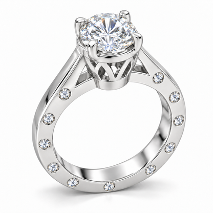 Round-Cut Synthetic Diamond Solitaire Ring with Diamond-Set Band in Sterling Silver