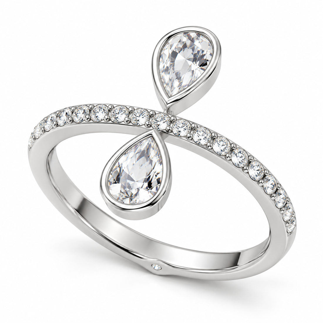 Two Pear-Cut Synthetic Diamond Open Bypass Ring in Sterling Silver