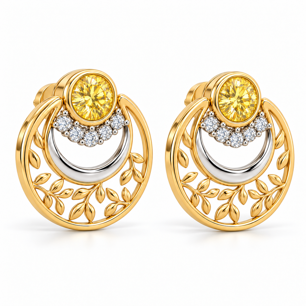Yellow and White Diamond Botanical Circle Earrings