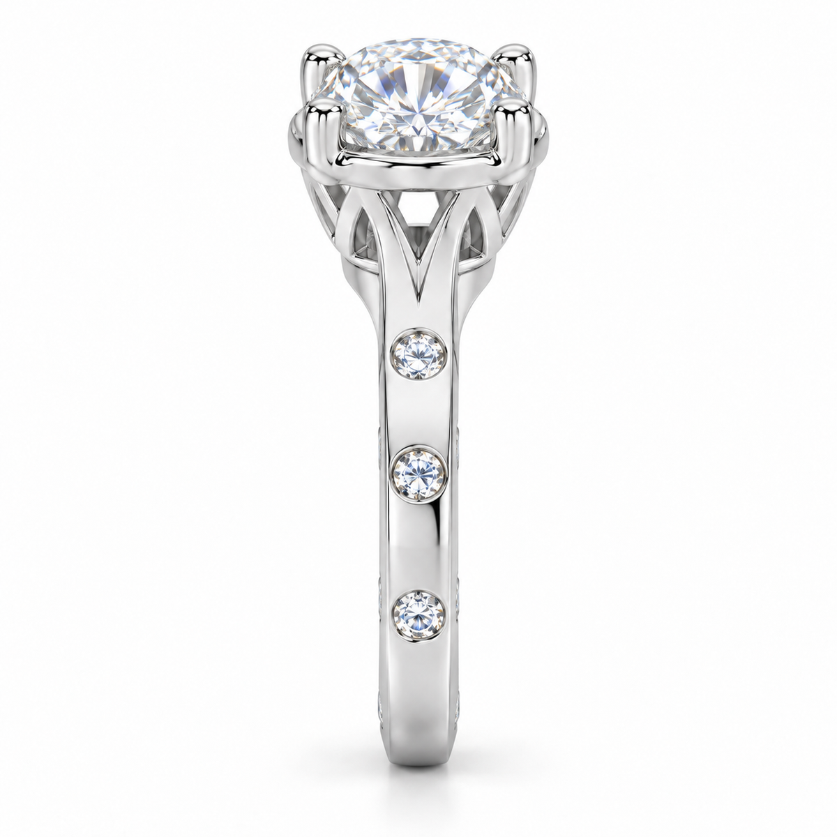 Round-Cut Synthetic Diamond Solitaire Ring with Diamond-Set Band in Sterling Silver