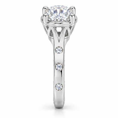 Round-Cut Synthetic Diamond Solitaire Ring with Diamond-Set Band in Sterling Silver