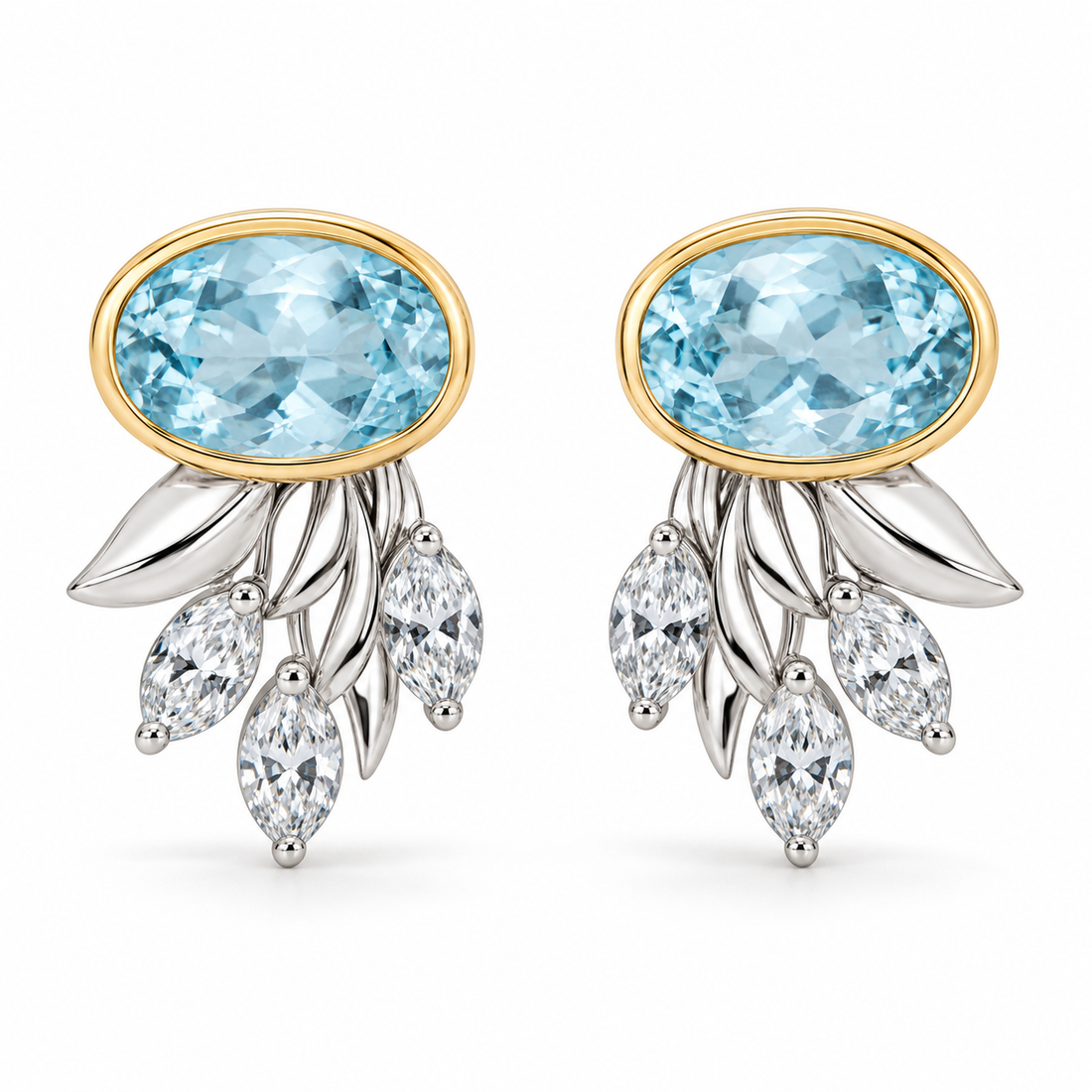 Oval Aquamarine and Marquise Synthetic Diamond Botanical Drop Earrings