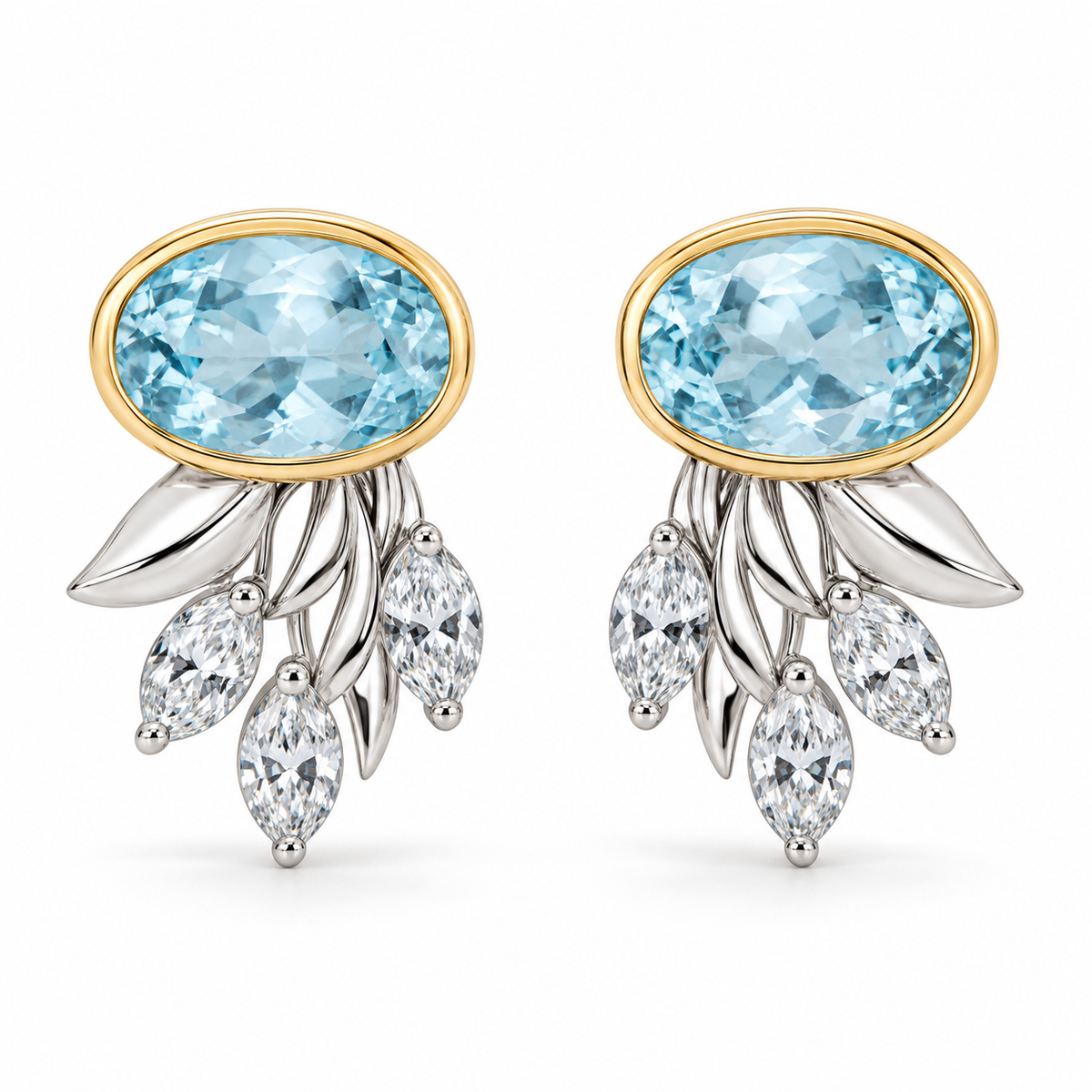 Oval Aquamarine and Marquise Synthetic Diamond Botanical Drop Earrings