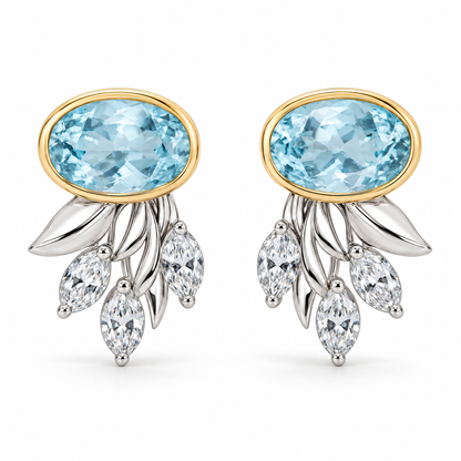Oval Aquamarine and Marquise Synthetic Diamond Botanical Drop Earrings