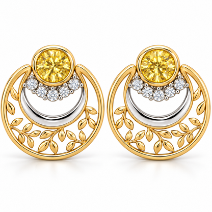 Yellow and White Diamond Botanical Circle Earrings