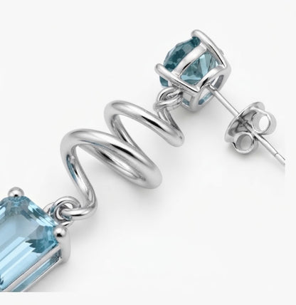 Sterling Silver Teal Lab-Grown Diamond &amp; Aquamarine Ribbon Drop Earrings