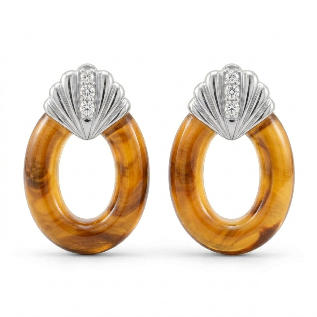 18K Yellow Gold Plating &amp; Tiger’s Eye Fan Stud Earrings with Graduated lab Grown Diamond Accents