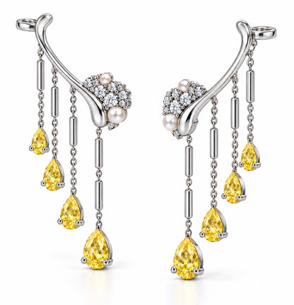 Yellow Diamond, White Diamond &amp; Pearl Silver Ear Climber Earrings