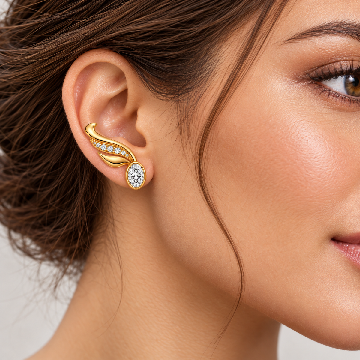 Sterling silver 14ct Gold-Plated Oval Diamond Ear Climber Earrings