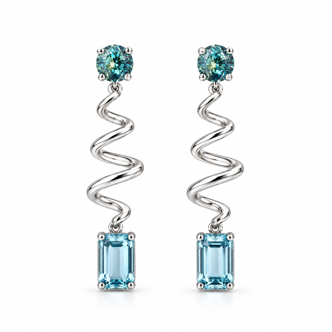 Sterling Silver Teal Lab-Grown Diamond &amp; Aquamarine Ribbon Drop Earrings