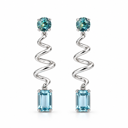 Sterling Silver Teal Lab-Grown Diamond &amp; Aquamarine Ribbon Drop Earrings