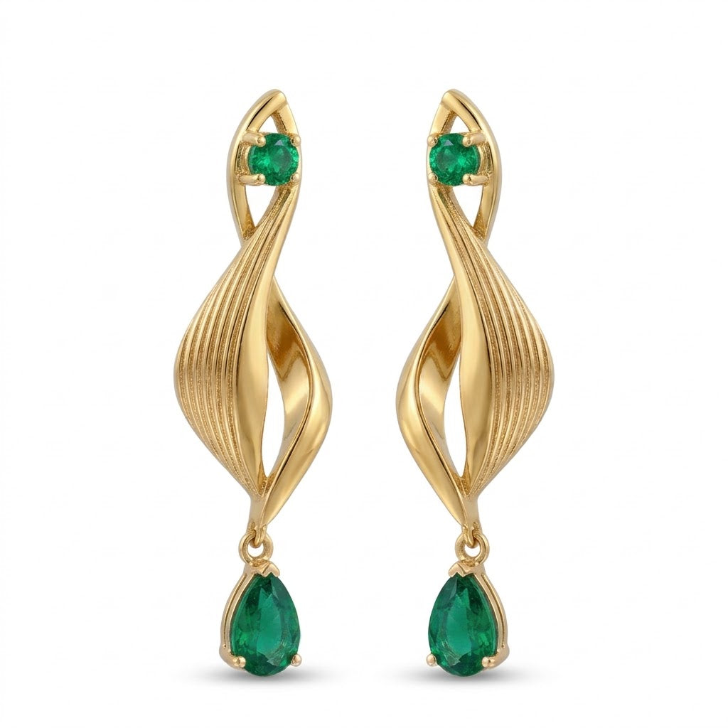 18K Rose Gold &amp; Emerald Spiral Dangle Earrings