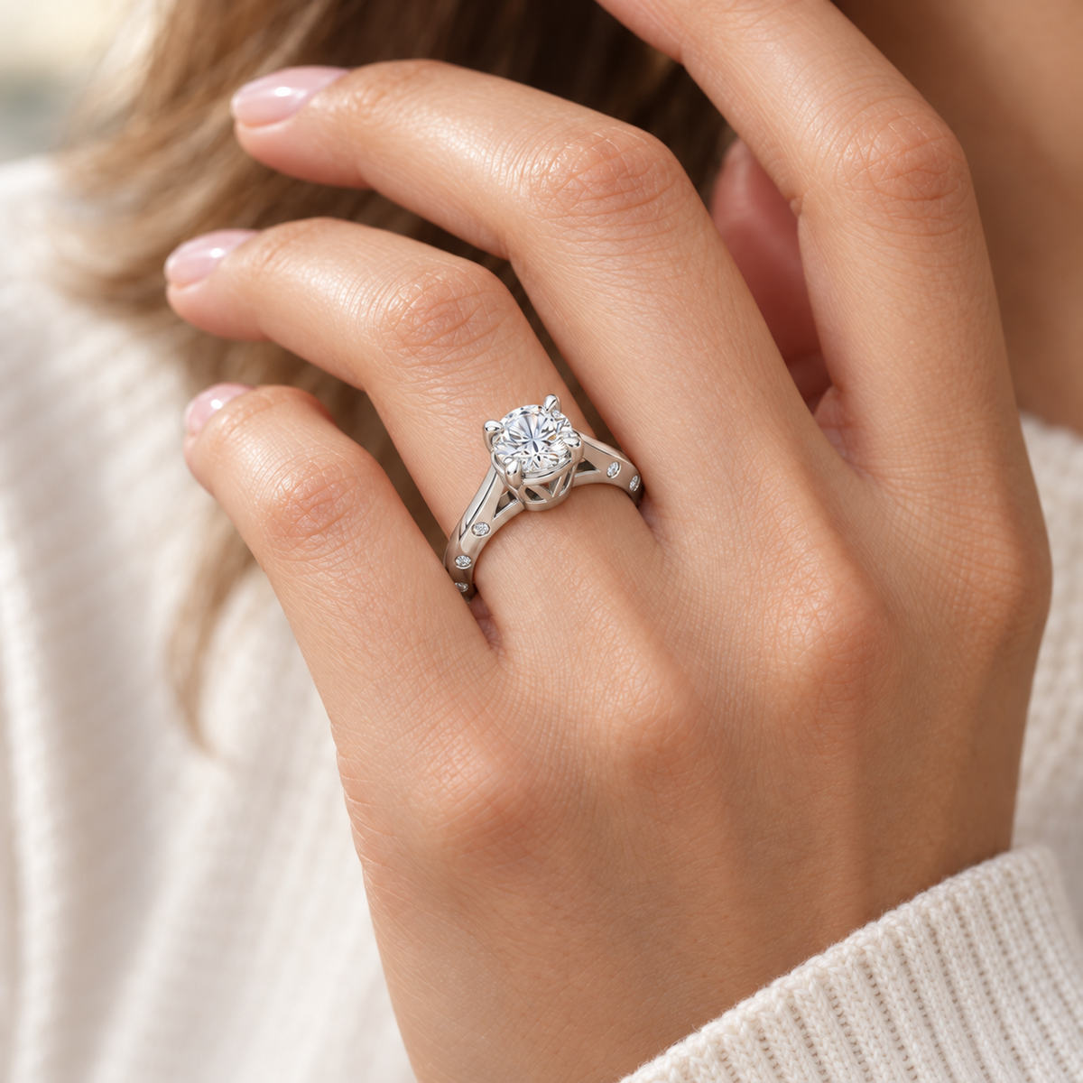 Round-Cut Synthetic Diamond Solitaire Ring with Diamond-Set Band in Sterling Silver