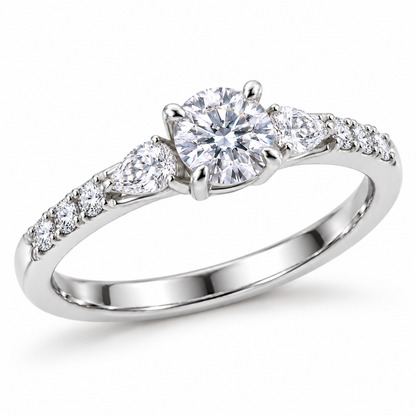 Round &amp; Pear-Cut Synthetic Diamond Three-Stone Ring in Sterling Silver